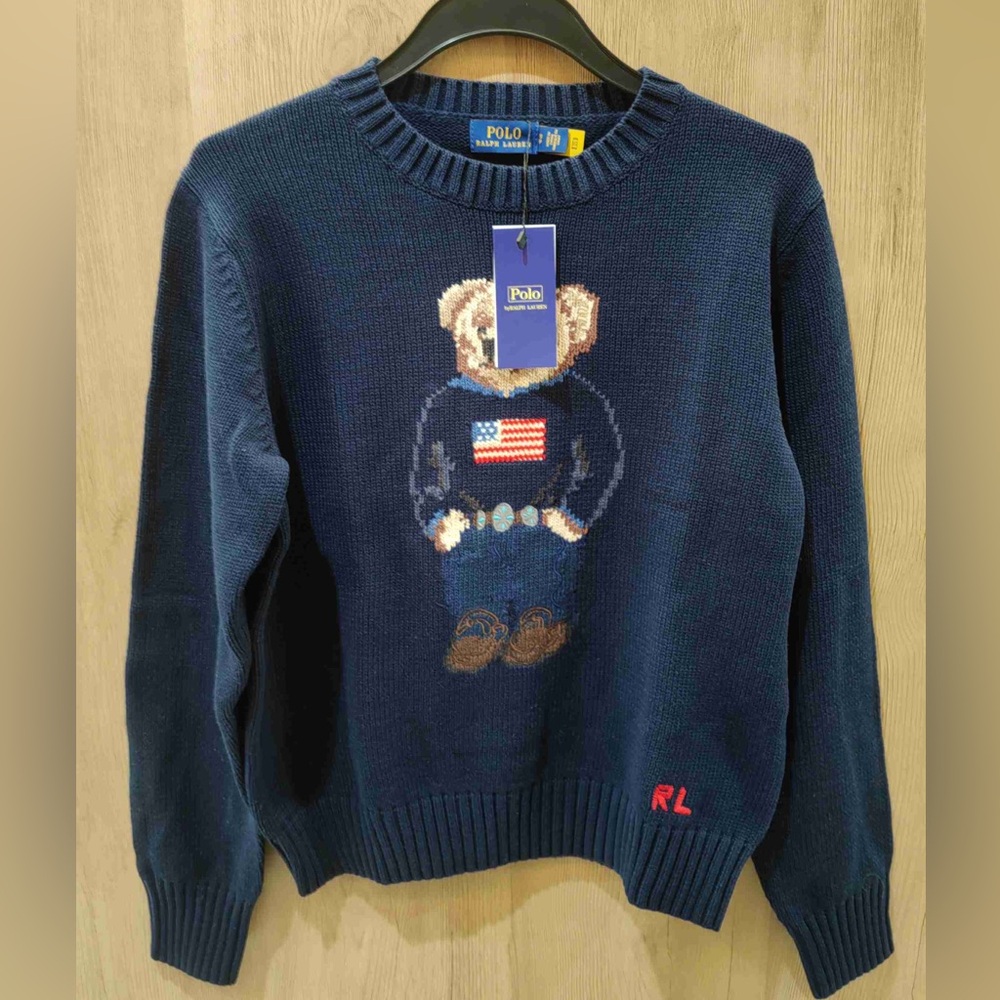 Polo Ralph Lauren Iconic Polo Bear Knit Sweater | Navy Blue | American Flag Bear